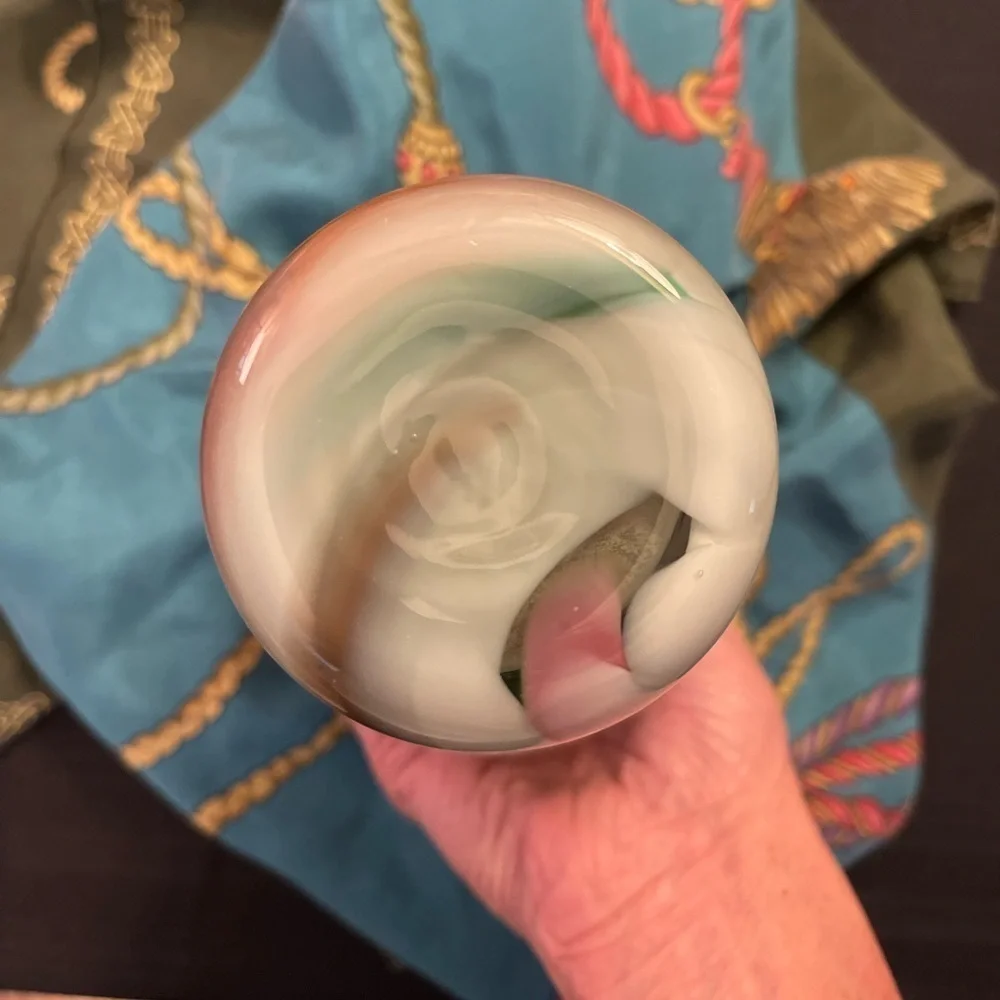 Vintage hand blown art glass swirl pitcher with applied handle.